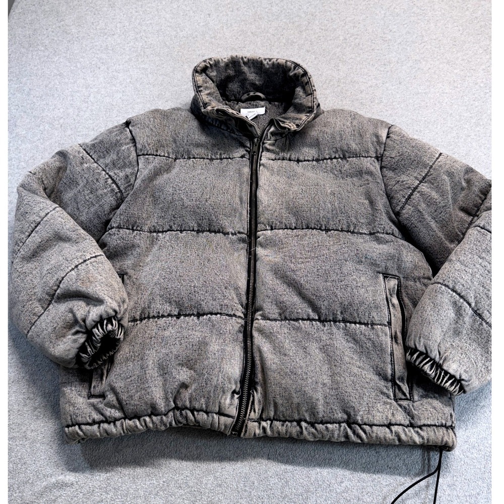 Forever 21 Puffer Jacket Womens Small Gray Acid‎ Wash Denim Full Zip Streetwear
